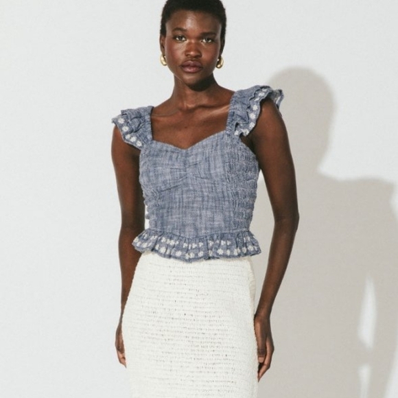 Cleobella Chambray Daisy Floral Flutter Sleeve Smocked Ruffle Top Coquette - Picture 1 of 8